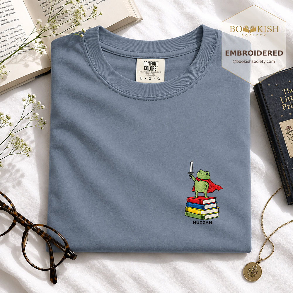 Embroidered Huzzah Cute Frog Comfort Color ® T-shirt Book Lover Gift Blue Jean