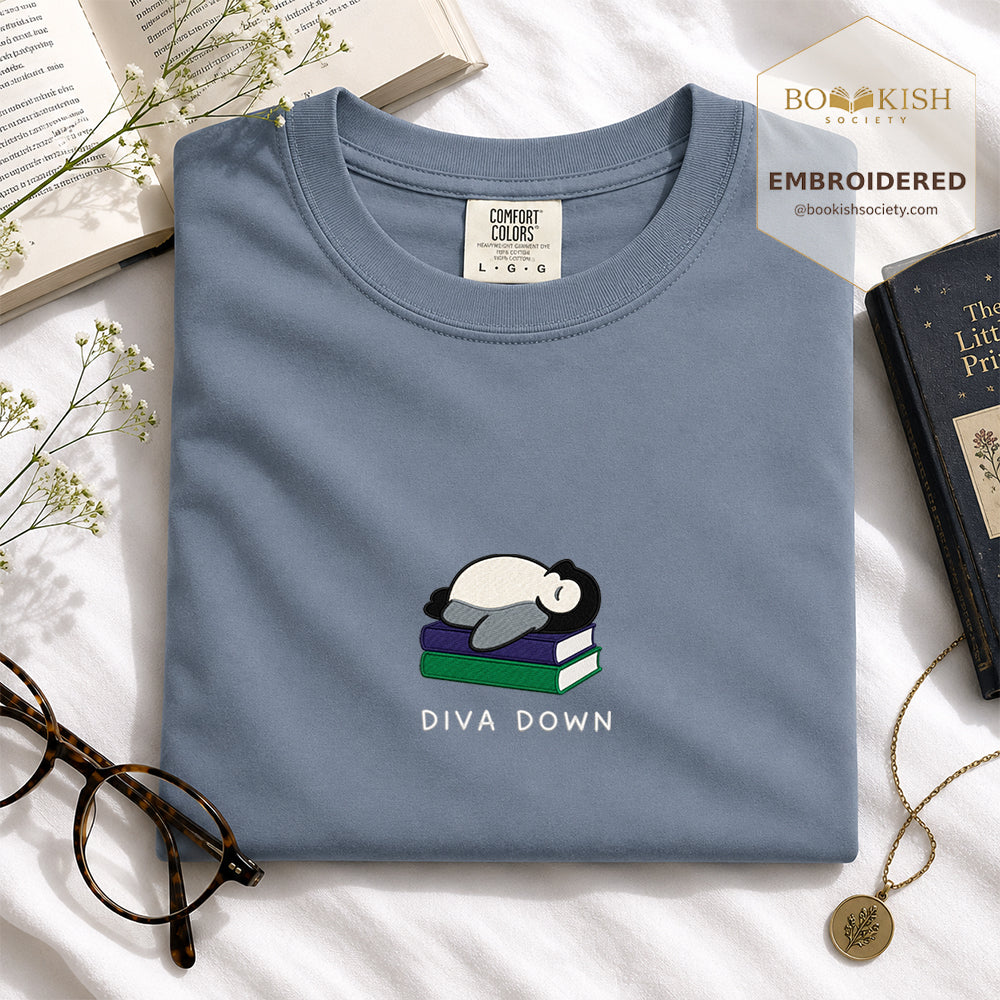 Embroidered Diva Down Penguin Comfort Color® T-shirt Book Lover Gift Blue Jean