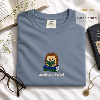 Emotionally Booked Embroidered Comfort Colors® T-shirt | Book Lover Gift Blue Jean