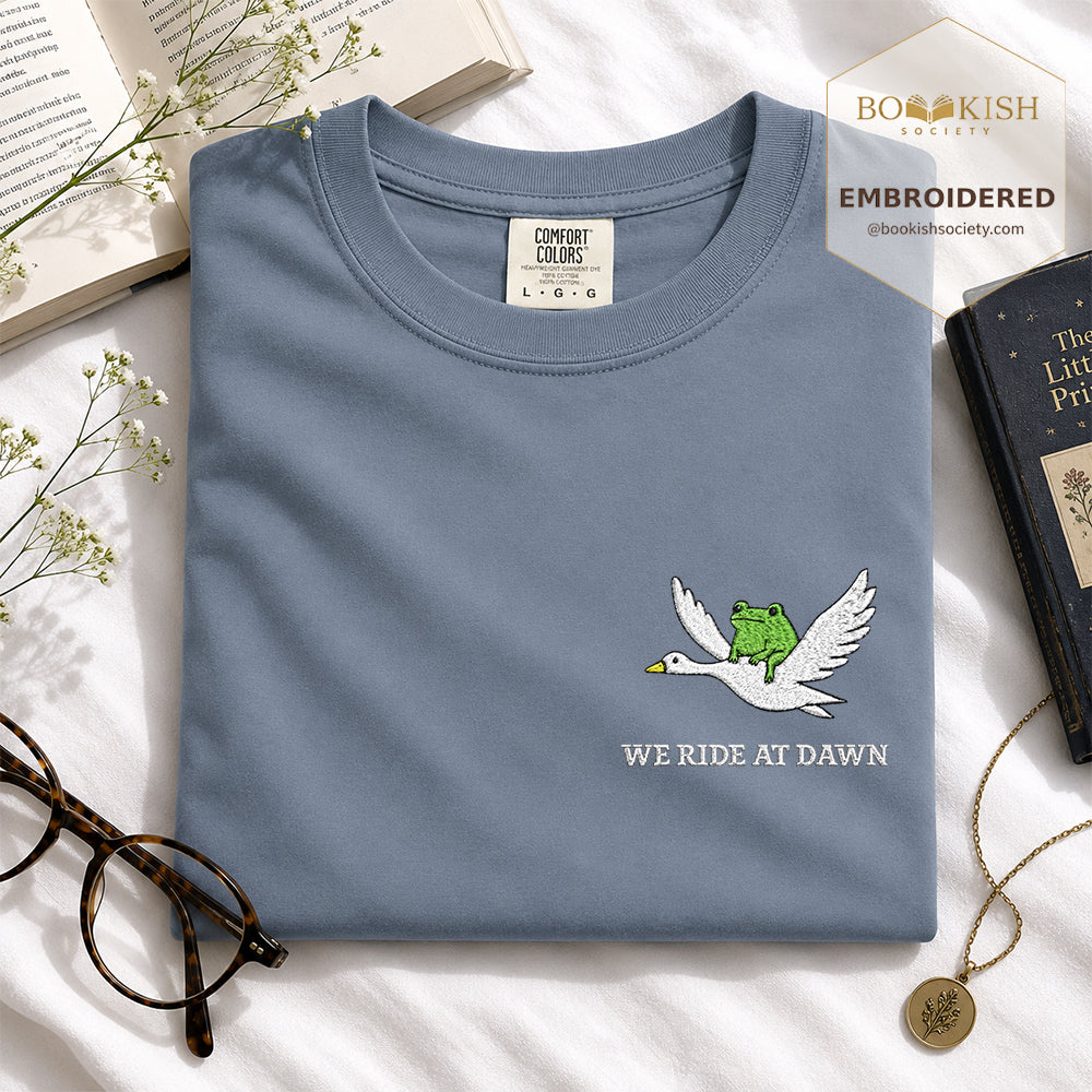 Embroidered We Ride at Dawn Comfort Color ® T-shirt Book Lover Gift Blue Jean