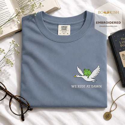 Embroidered We Ride at Dawn Comfort Color ® T-shirt Book Lover Gift Blue Jean