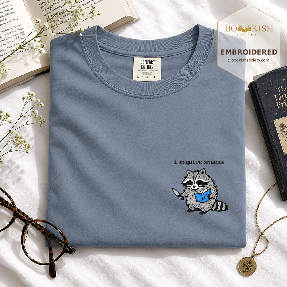 Embroidered I Require Snacks Comfort Color ® T-shirt Book Lover Gift Blue Jean