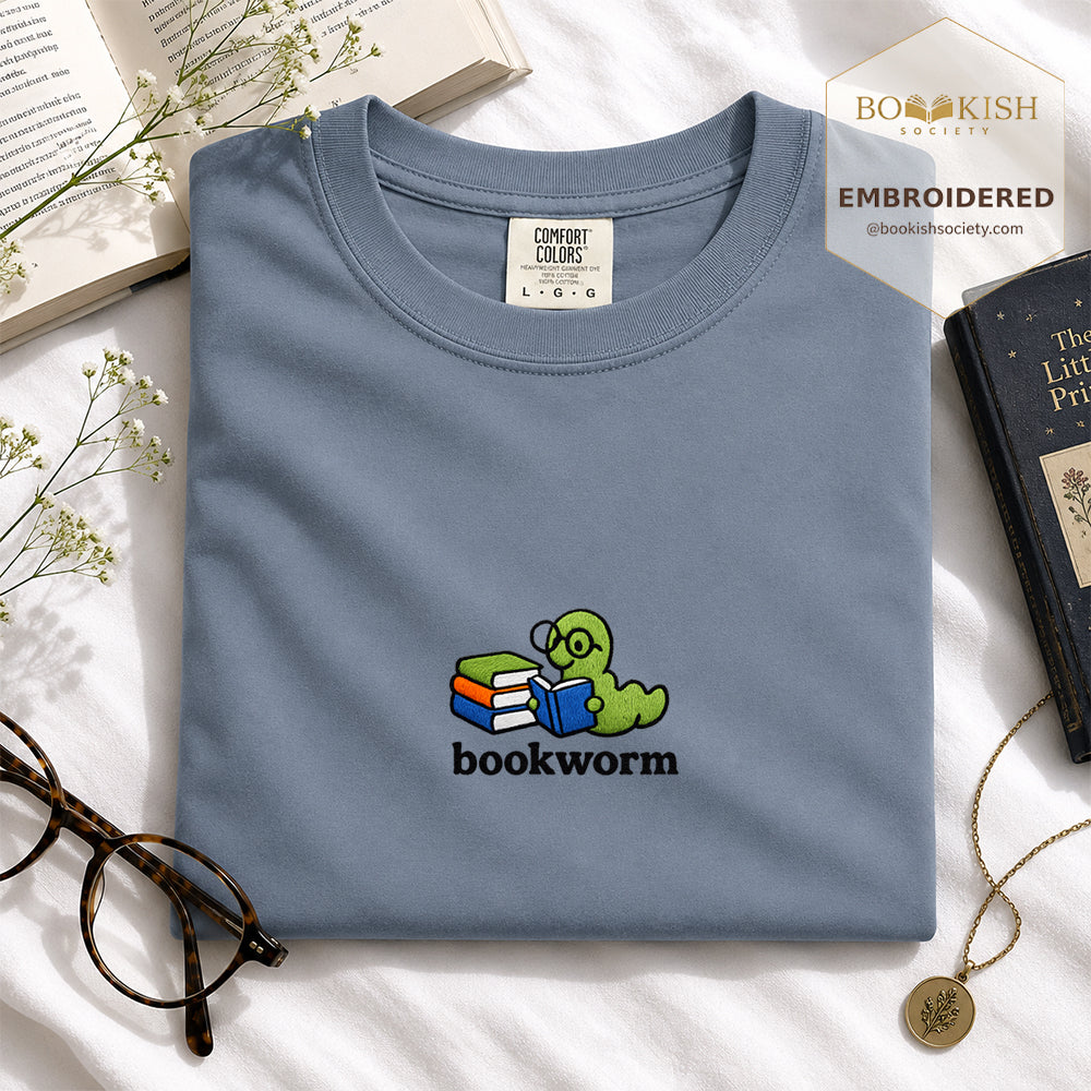 Embroidered Bookworm Comfort Color ® T-shirt Book Lover Gift Blue Jean