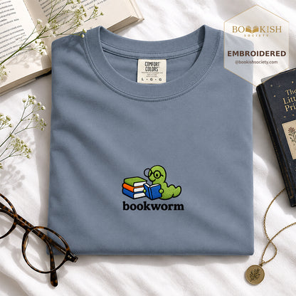 Embroidered Bookworm Comfort Color ® T-shirt Book Lover Gift Blue Jean