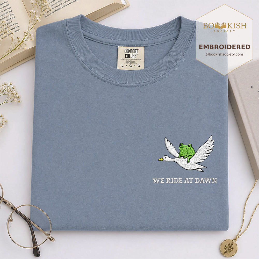 Embroidered We Ride at Dawn Comfort Color ® T-shirt Book Lover Gift Blue Jean
