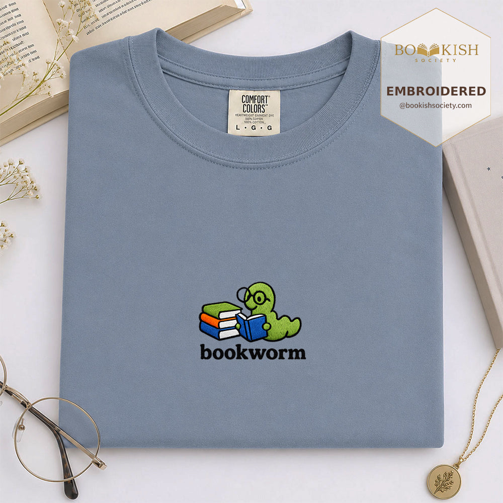 Embroidered Bookworm Comfort Color ® T-shirt Book Lover Gift Blue Jean