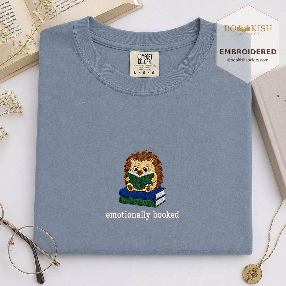 Emotionally Booked Embroidered Comfort Colors® T-shirt | Book Lover Gift Blue Jean