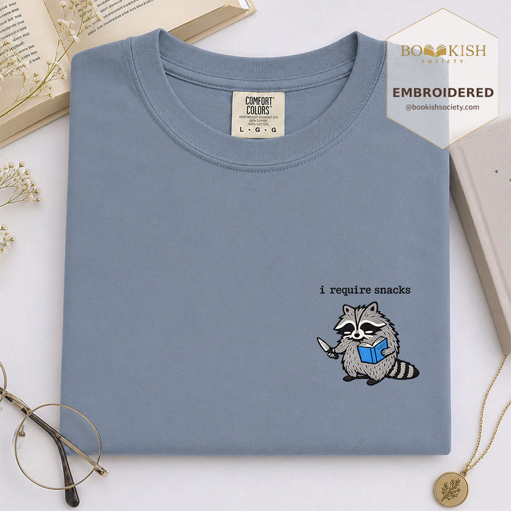 Embroidered I Require Snacks Comfort Color ® T-shirt Book Lover Gift Blue Jean