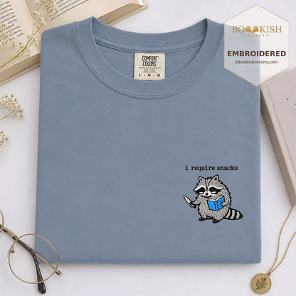 Embroidered I Require Snacks Comfort Color ® T-shirt Book Lover Gift Blue Jean