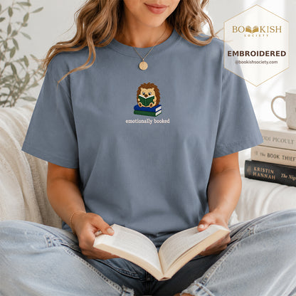 Emotionally Booked Embroidered Comfort Colors® T-shirt | Book Lover Gift Blue Jean
