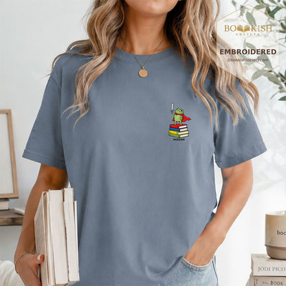 Embroidered Huzzah Cute Frog Comfort Color ® T-shirt Book Lover Gift Blue Jean