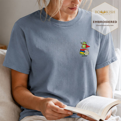 Embroidered Huzzah Cute Frog Comfort Color ® T-shirt Book Lover Gift Blue Jean