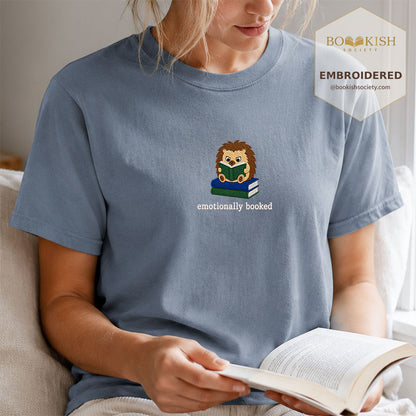 Emotionally Booked Embroidered Comfort Colors® T-shirt | Book Lover Gift Blue Jean