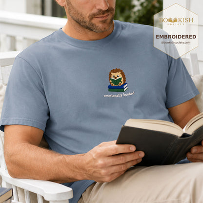 Emotionally Booked Embroidered Comfort Colors® T-shirt | Book Lover Gift Blue Jean