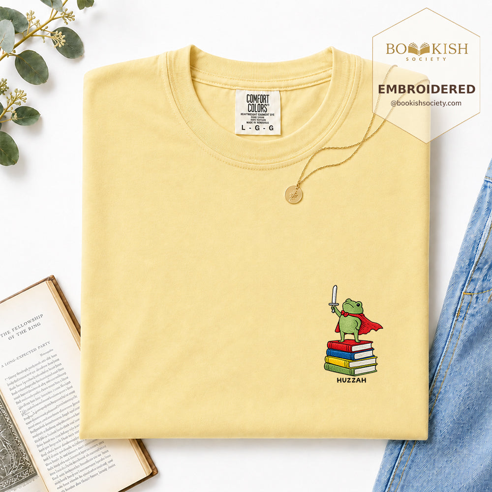 Embroidered Huzzah Cute Frog Comfort Color ® T-shirt Book Lover Gift Butter