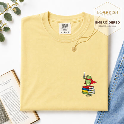 Embroidered Huzzah Cute Frog Comfort Color ® T-shirt Book Lover Gift Butter