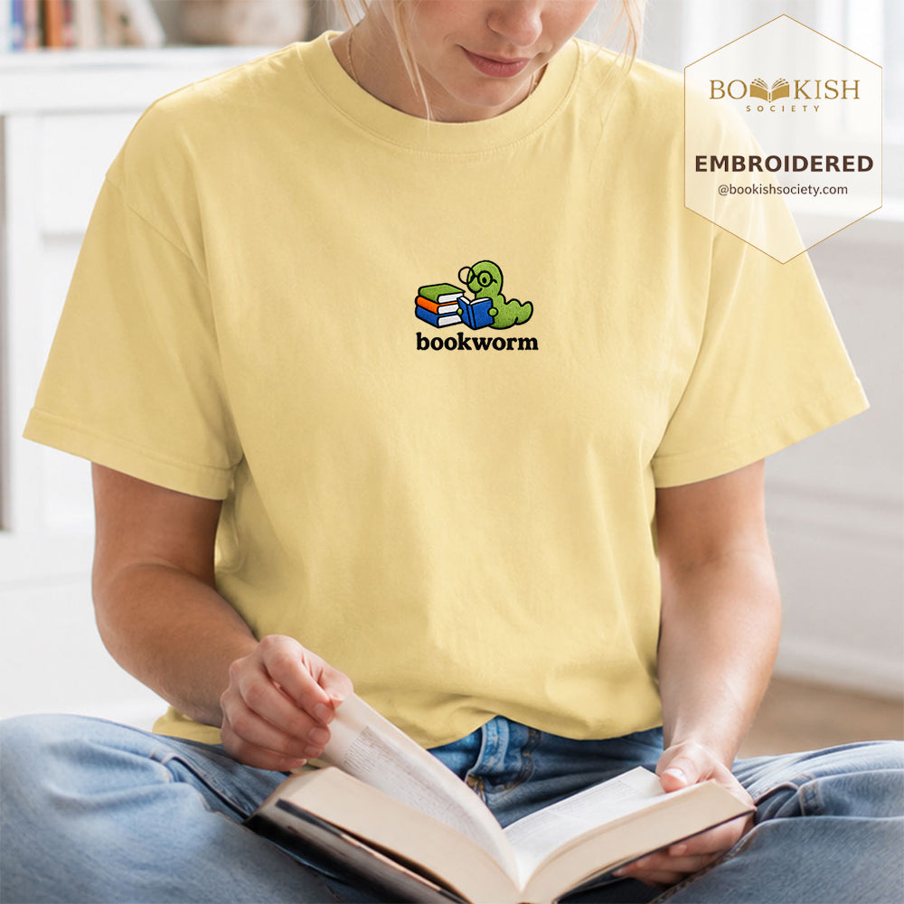 Embroidered Bookworm Comfort Color ® T-shirt Book Lover Gift Butter