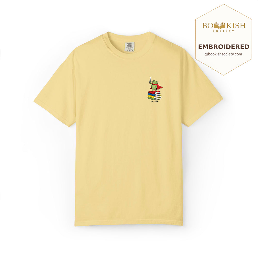 Embroidered Huzzah Cute Frog Comfort Color ® T-shirt Book Lover Gift Butter