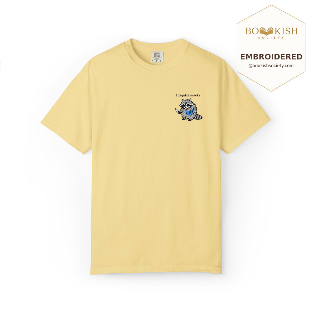 Embroidered I Require Snacks Comfort Color ® T-shirt Book Lover Gift Butter