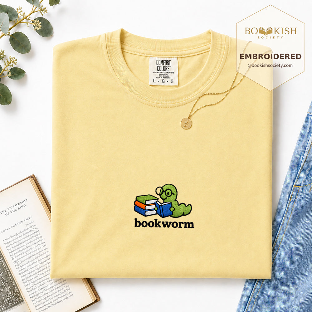 Embroidered Bookworm Comfort Color ® T-shirt Book Lover Gift Butter