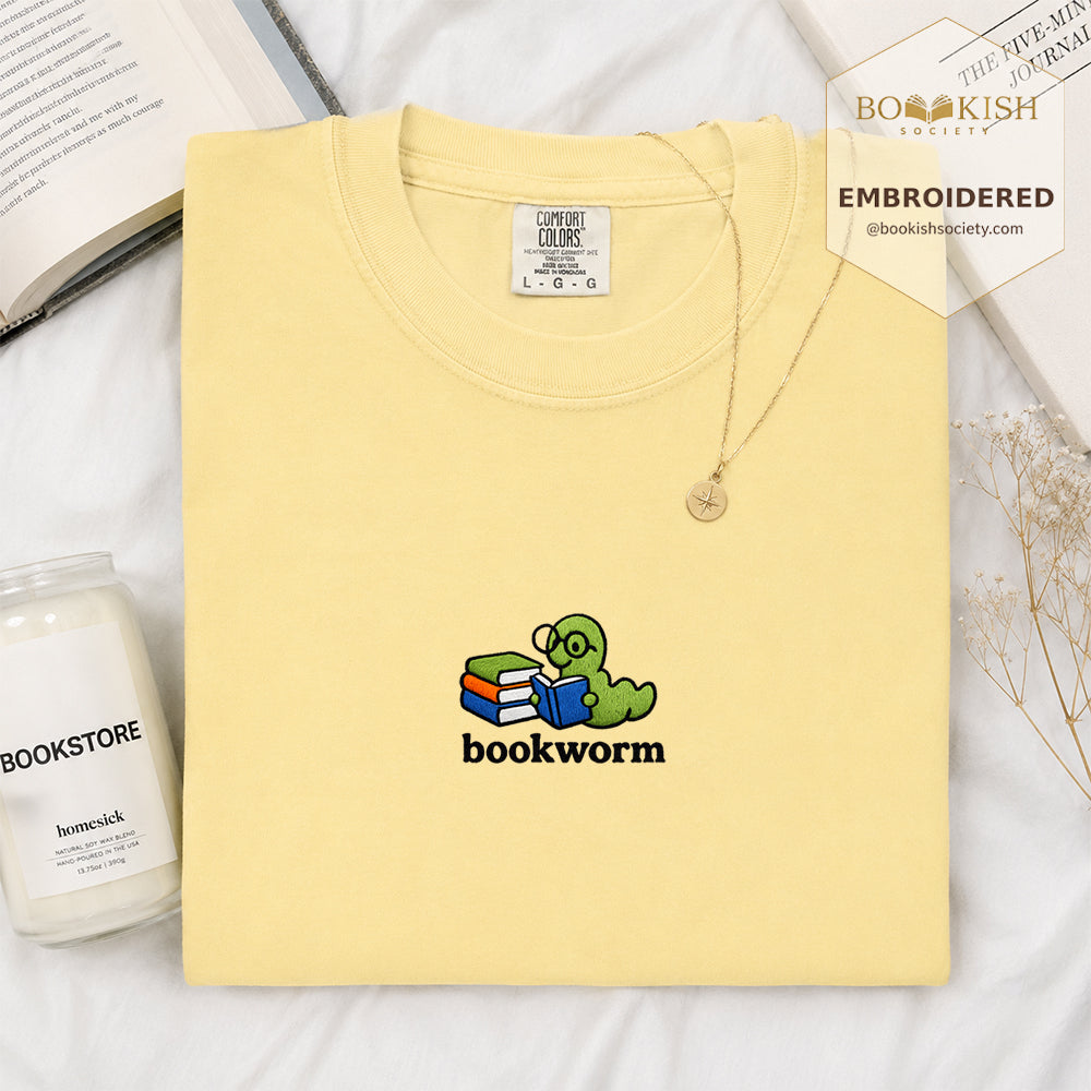 Embroidered Bookworm Comfort Color ® T-shirt Book Lover Gift Butter
