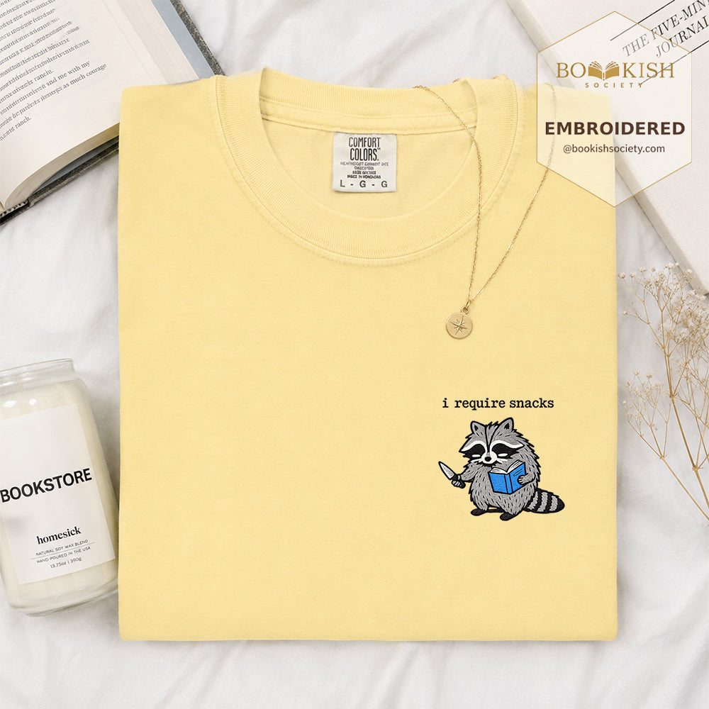 Embroidered I Require Snacks Comfort Color ® T-shirt Book Lover Gift Butter