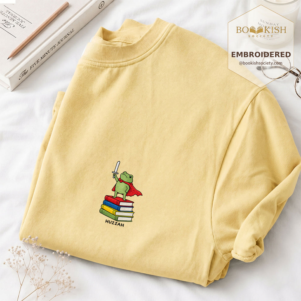 Embroidered Huzzah Cute Frog Comfort Color ® T-shirt Book Lover Gift Butter