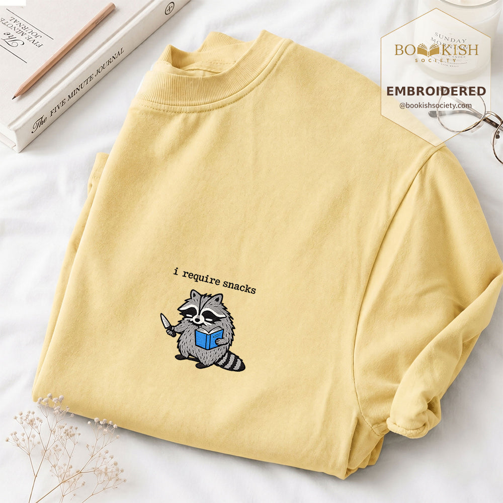 Embroidered I Require Snacks Comfort Color ® T-shirt Book Lover Gift Butter