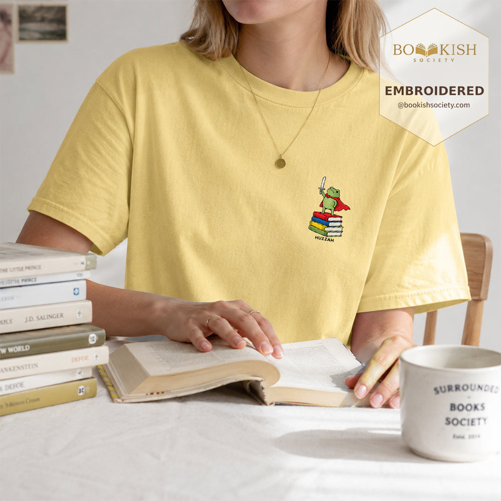 Embroidered Huzzah Cute Frog Comfort Color ® T-shirt Book Lover Gift Butter