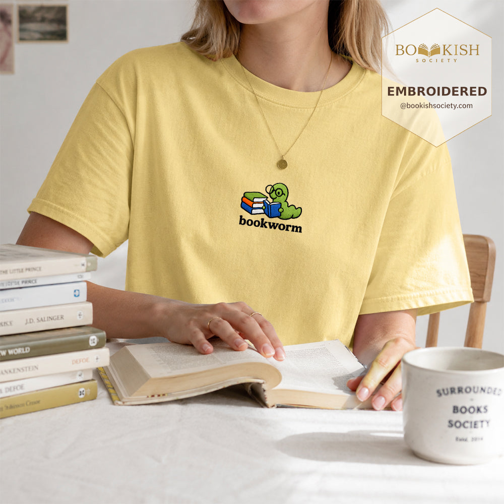 Embroidered Bookworm Comfort Color ® T-shirt Book Lover Gift Butter