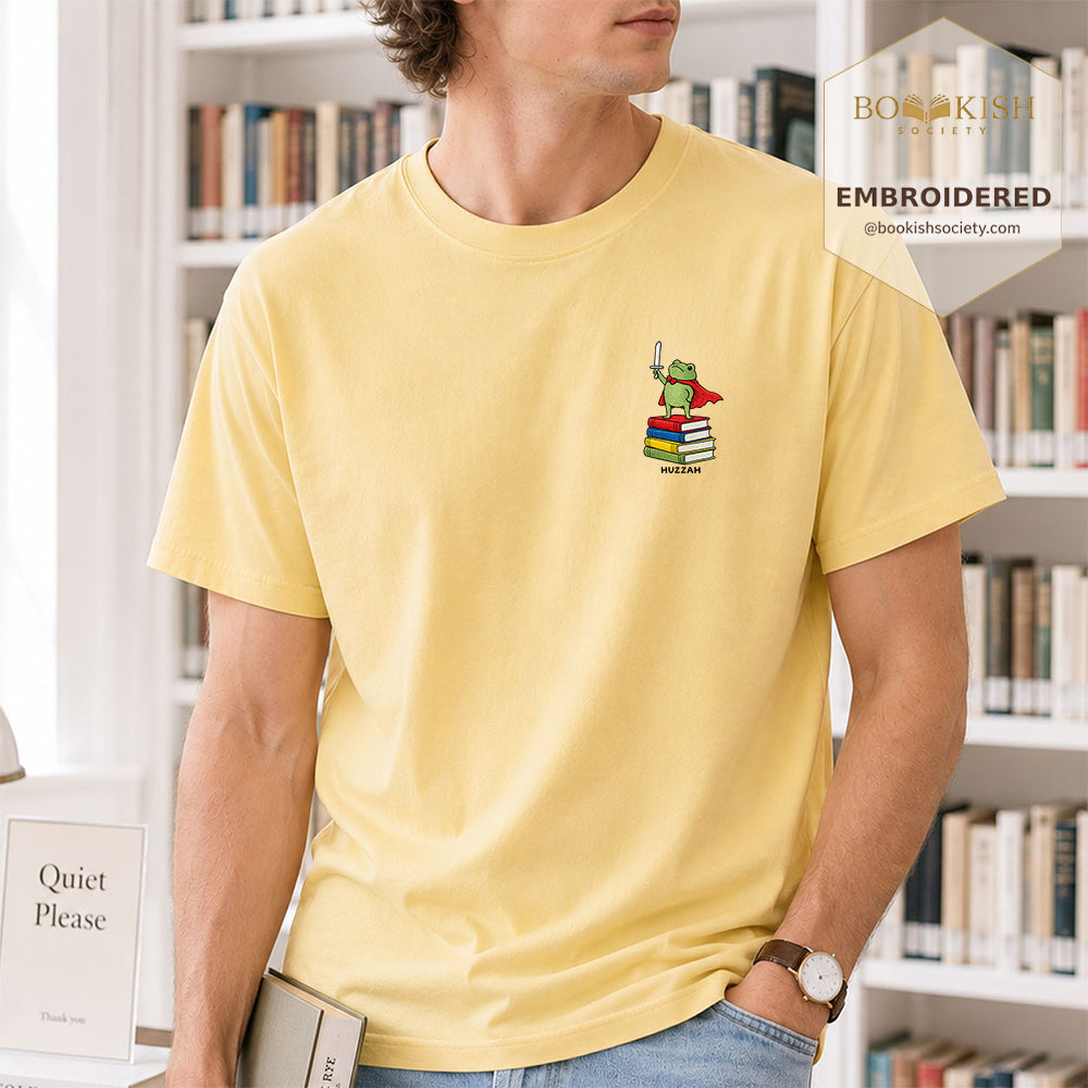 Embroidered Huzzah Cute Frog Comfort Color ® T-shirt Book Lover Gift Butter