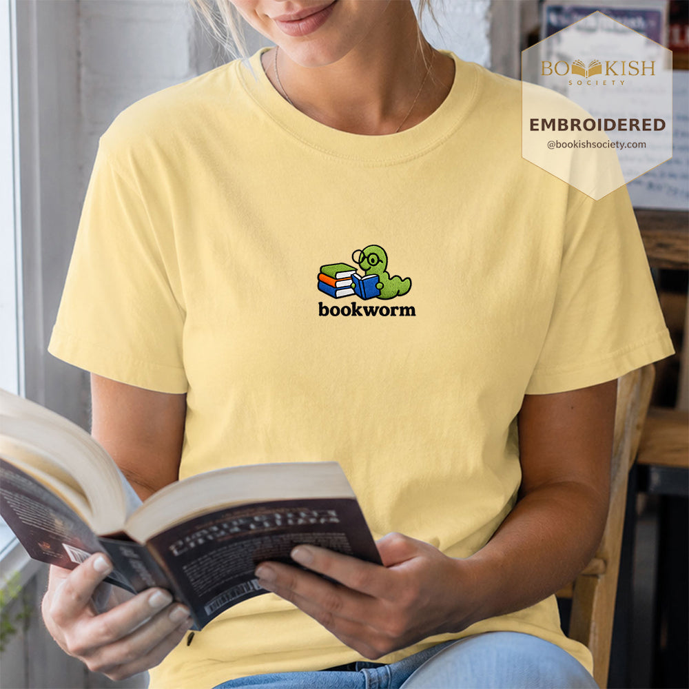 Embroidered Bookworm Comfort Color ® T-shirt Book Lover Gift Butter