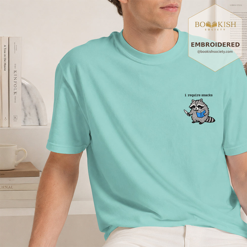 Embroidered I Require Snacks Comfort Color ® T-shirt Book Lover Gift Chalky Mint
