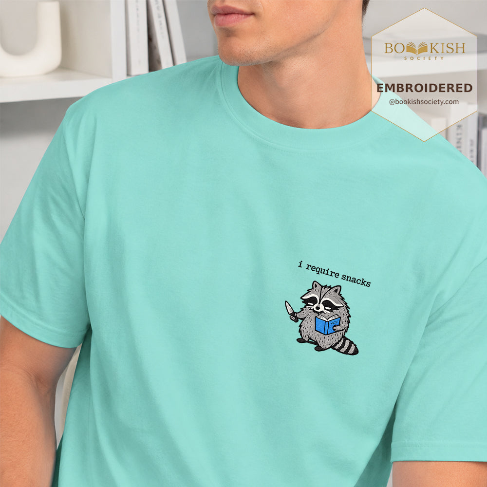 Embroidered I Require Snacks Comfort Color ® T-shirt Book Lover Gift Chalky Mint
