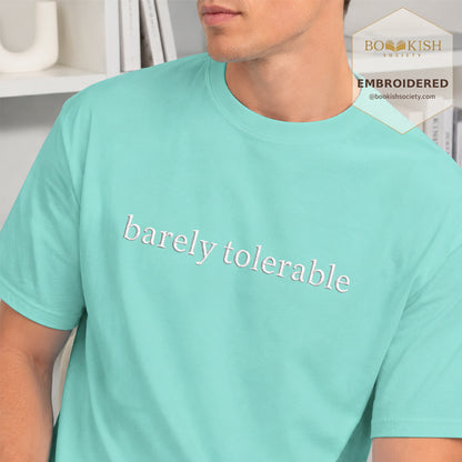 Embroidered Barely Tolerable Comfort Color ® T-shirt Book Lover Gift Chalky Mint