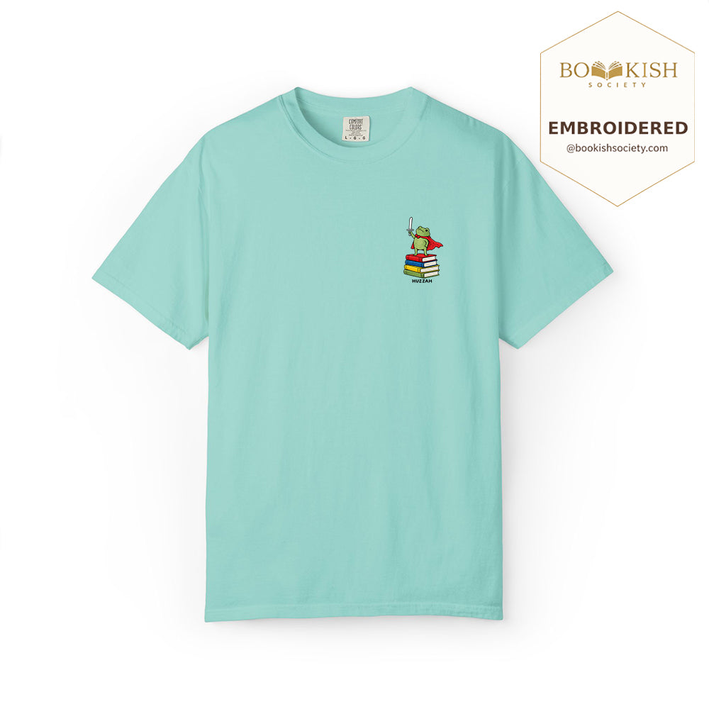 Embroidered Huzzah Cute Frog Comfort Color ® T-shirt Book Lover Gift Chalky Mint