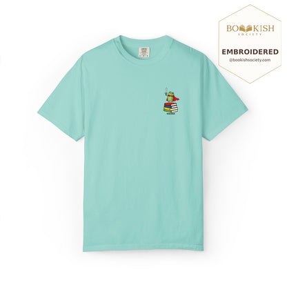 Embroidered Huzzah Cute Frog Comfort Color ® T-shirt Book Lover Gift Chalky Mint