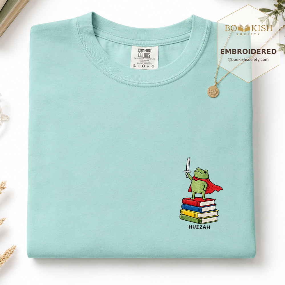 Embroidered Huzzah Cute Frog Comfort Color ® T-shirt Book Lover Gift Chalky Mint