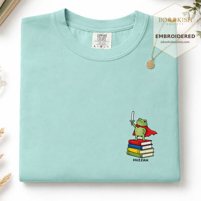 Embroidered Huzzah Cute Frog Comfort Color ® T-shirt Book Lover Gift Chalky Mint