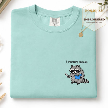 Embroidered I Require Snacks Comfort Color ® T-shirt Book Lover Gift Chalky Mint