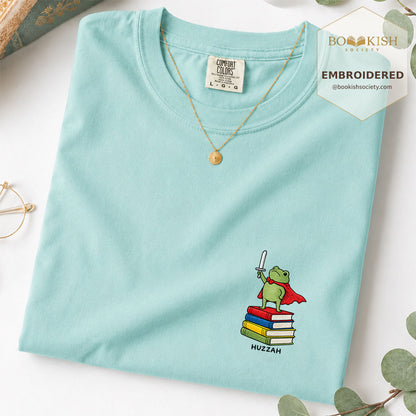 Embroidered Huzzah Cute Frog Comfort Color ® T-shirt Book Lover Gift Chalky Mint