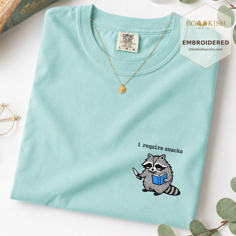 Embroidered I Require Snacks Comfort Color ® T-shirt Book Lover Gift Chalky Mint
