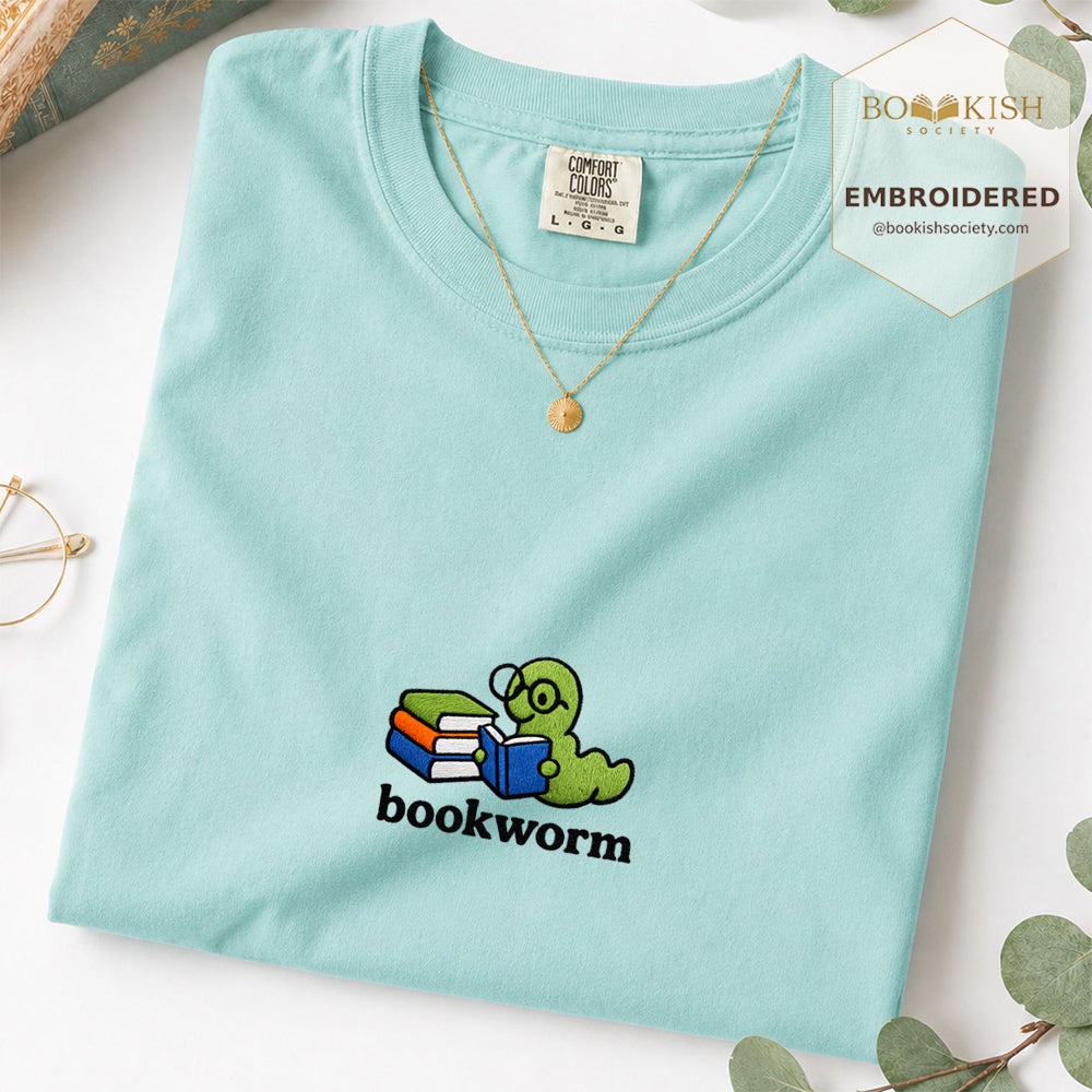Embroidered Bookworm Comfort Color ® T-shirt Book Lover Gift Chalky Mint