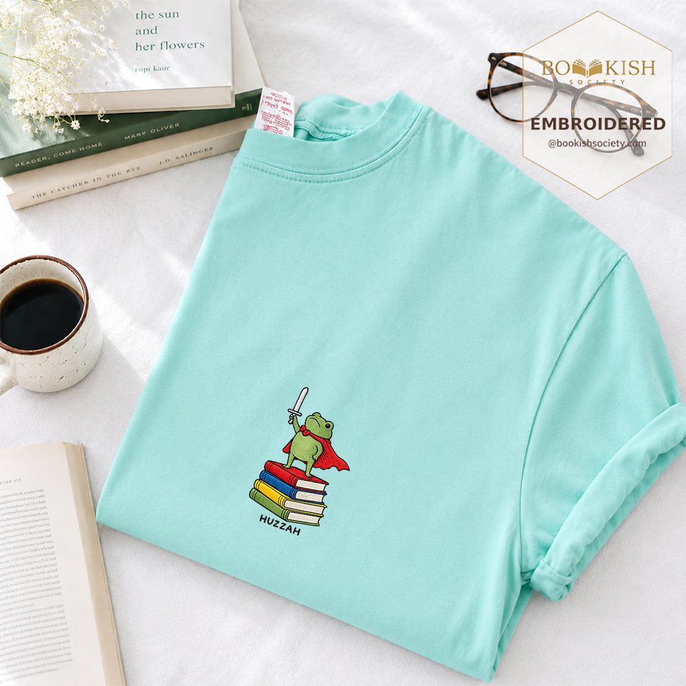 Embroidered Huzzah Cute Frog Comfort Color ® T-shirt Book Lover Gift Chalky Mint