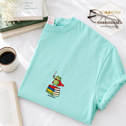 Embroidered Huzzah Cute Frog Comfort Color ® T-shirt Book Lover Gift Chalky Mint
