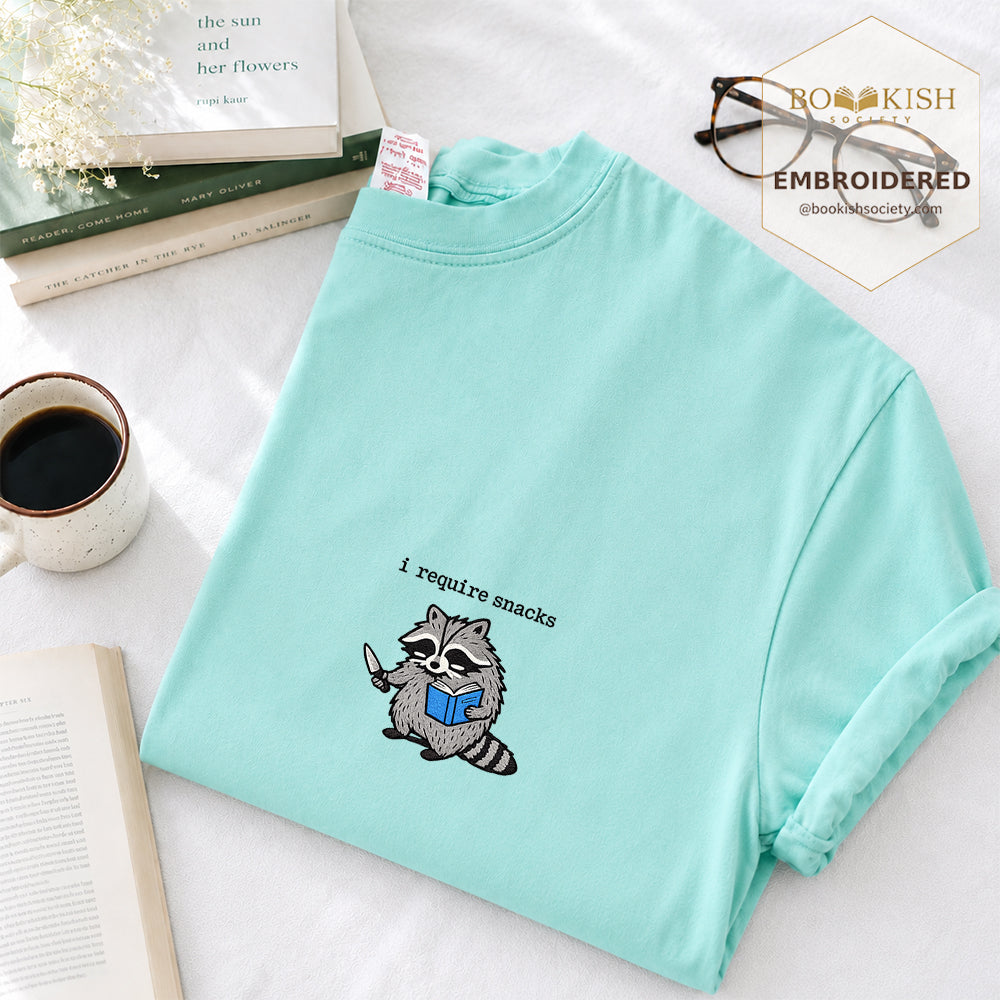 Embroidered I Require Snacks Comfort Color ® T-shirt Book Lover Gift Chalky Mint