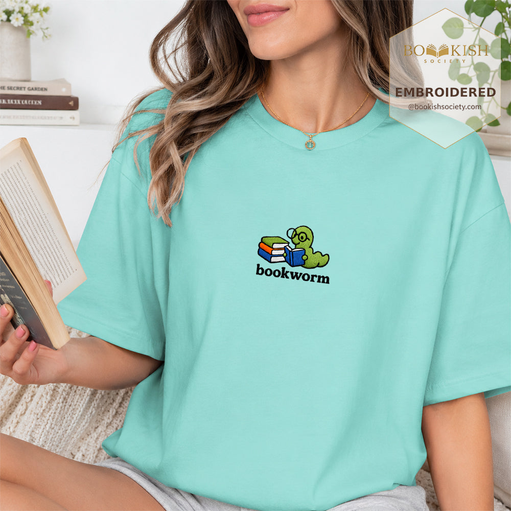 Embroidered Bookworm Comfort Color ® T-shirt Book Lover Gift Chalky Mint