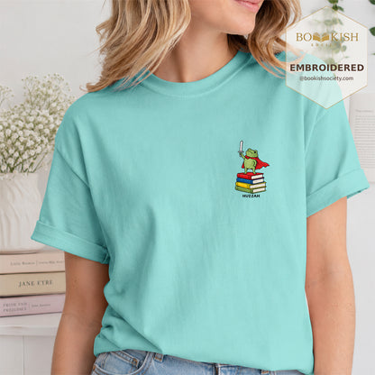 Embroidered Huzzah Cute Frog Comfort Color ® T-shirt Book Lover Gift Chalky Mint