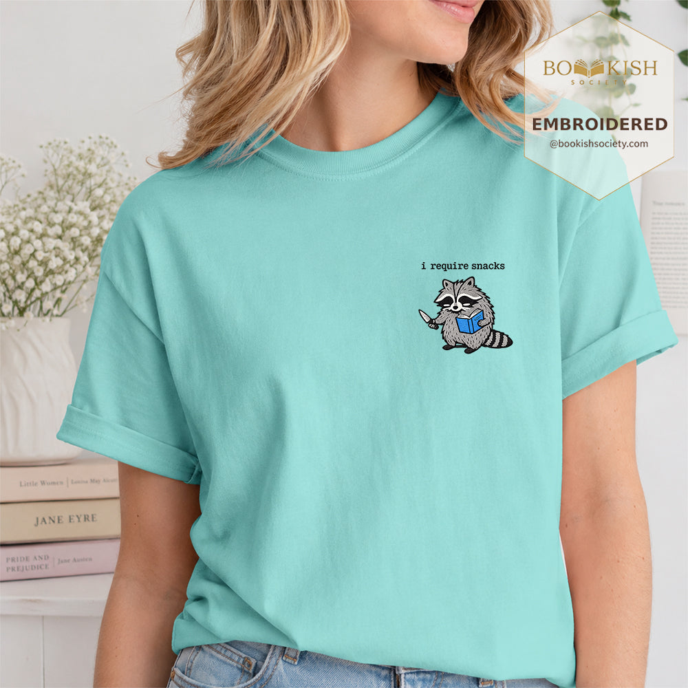 Embroidered I Require Snacks Comfort Color ® T-shirt Book Lover Gift Chalky Mint