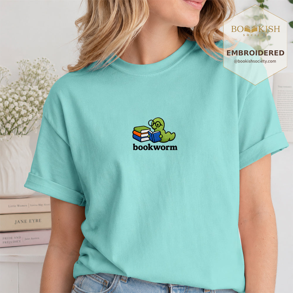 Embroidered Bookworm Comfort Color ® T-shirt Book Lover Gift Chalky Mint